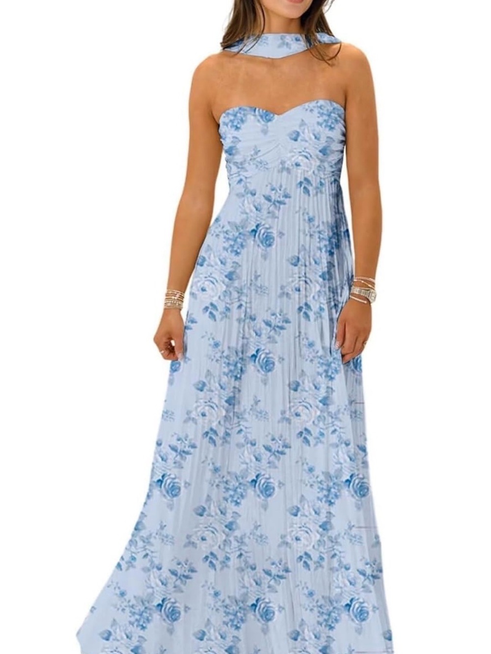 Strapless Blue Floral Maxi Dress with Choker